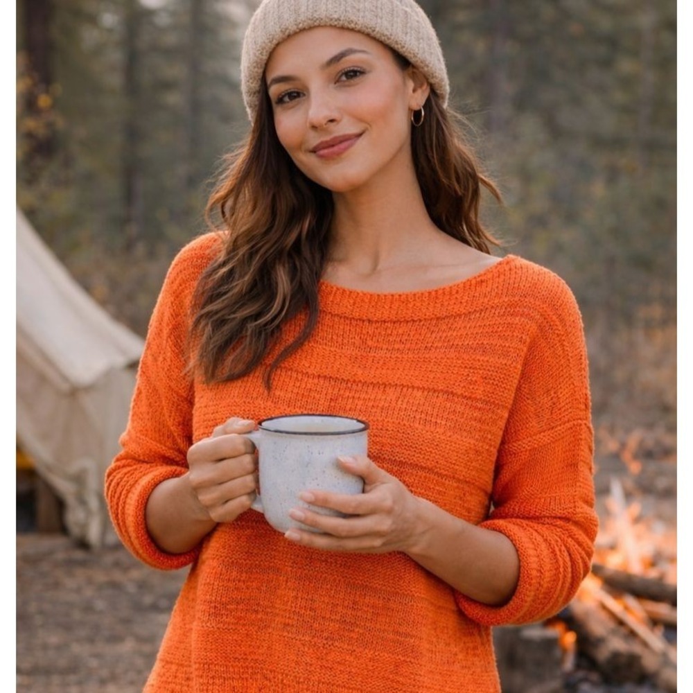 Chaps Vintage Womens L Orange 3/4 Sleeve Open Knit Sweater‎ Lightweight Outdoors